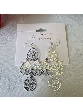 LC Lauren Conrad Earrings Filigree Tree of Life Silver Tone Dangle 2" NEW